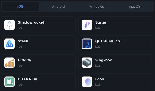 网站一键导入面板中选中 iOS,并显示 Hiddify 选项